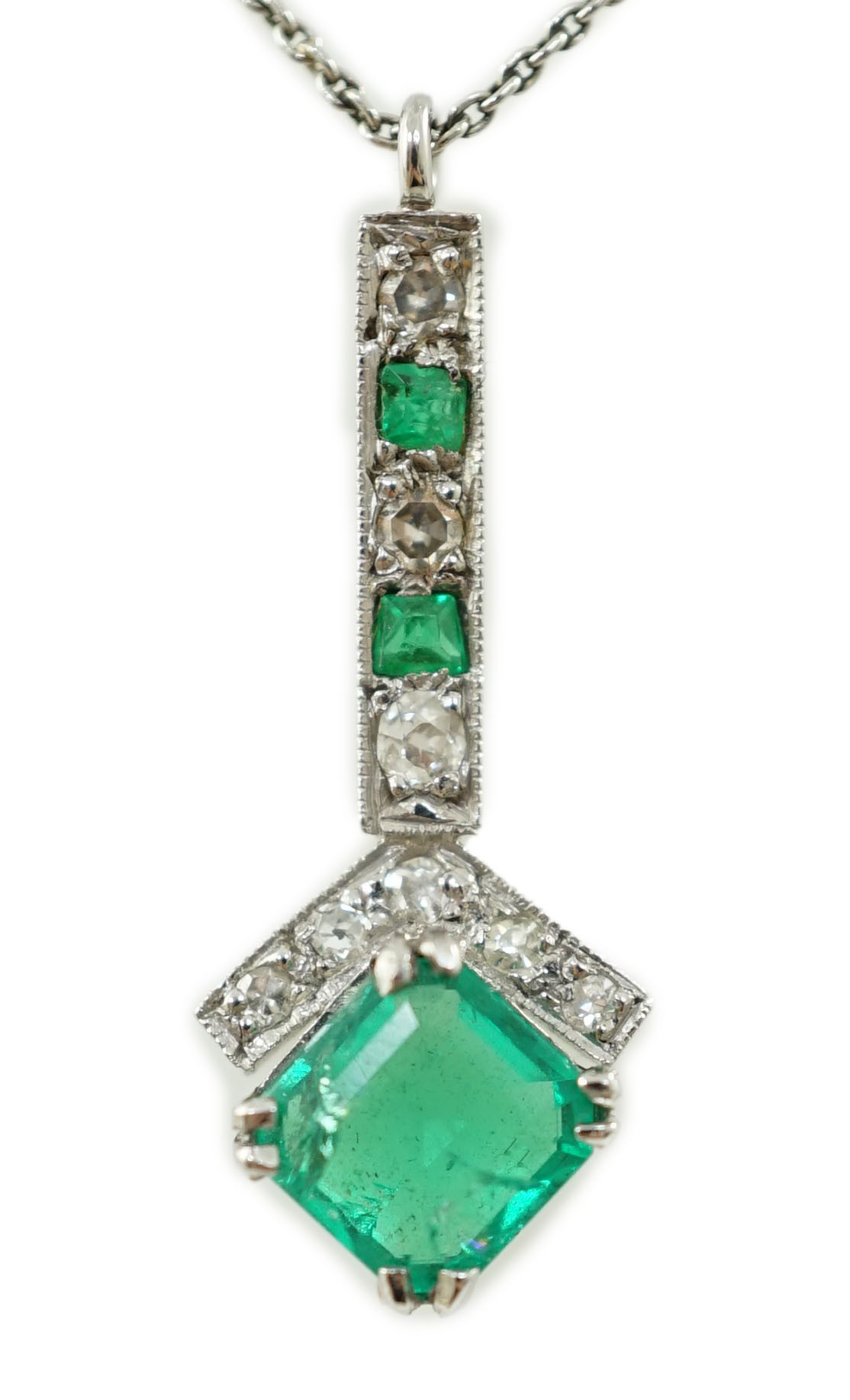 A 1920's platinum?, emerald and diamond set pendant necklace